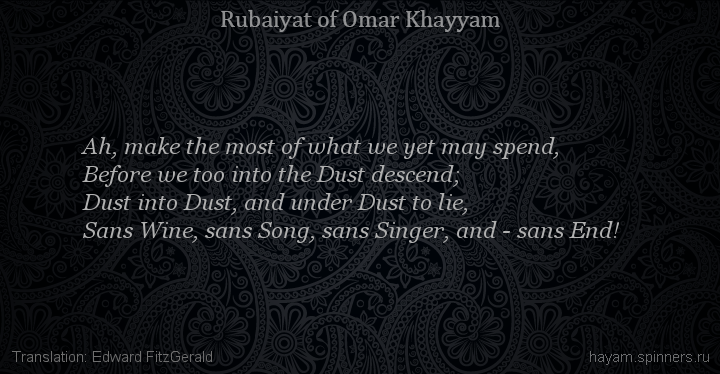 Ah, make the most of what we yet may spend,
 | Omar Khayyam | Rubaiyat in English